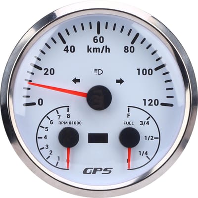 110mm 4 3/8in 3-in-1 GPS Snelheidsmeter Toerentalmeter met Brandstofmeter Richtingaanwijzer DC 9-32V 120 KM/U 8000 RPM Rode Achtergrondverlichting White Dial Silver Bezel CXA096