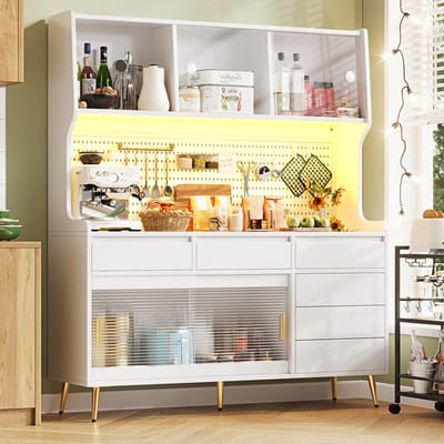 MODENUIT Hoge Kast - LED-Verlichting En Schuifdeuren - Voor Keuken En Eetkamer - MDF Glas - 145x39x171 cm - Wit