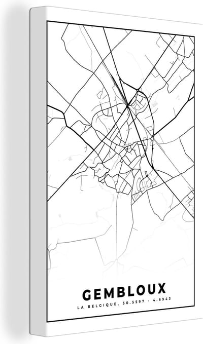 Canvas Schilderij Kaart – Plattegrond – Stadskaart – Gembloux – België – Zwart Wit - 20x30 cm - Wanddecoratie