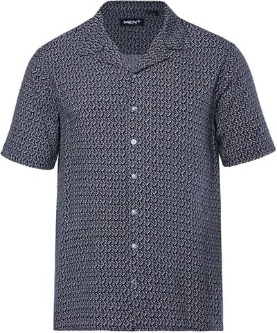 Men Plus - Heren - Overhemd korte mouwen minimalistisch patroon Cubaanse kraag - Navy blauw - Maat XL