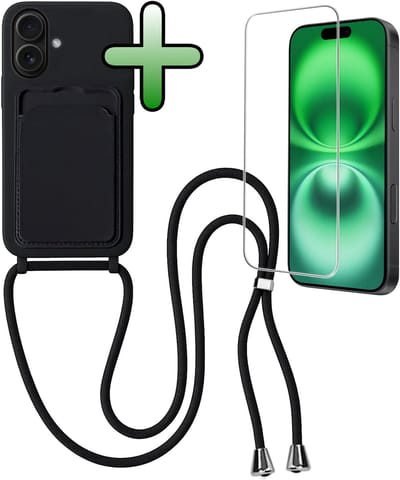 Hoes Geschikt voor iPhone 16 Plus Hoesje Pas Houder Case Hoes Met Koord Met Screenprotector - Hoesje Geschikt voor iPhone 16 Plus Hoes Met Telefoonkoord Pasjeshouder Cover - Zwart