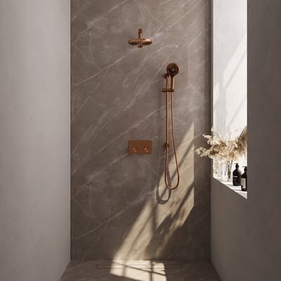 Brauer Copper Carving thermostatische inbouw regendouche met drukknoppen SET 67 met 20 cm douchekop en rechte muurarm en 3-standen handdouche en doucheslang en geïntegreerde glijstang koper geborsteld PVD