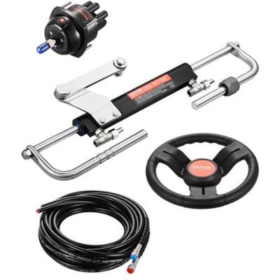 VEVOR 90 pk hydraulische buitenboordmotor stuurkit, hydraulisch bootstuursysteem met 342,9 mm stuurwiel, stuurpomp, hydraulische cilinder en twee 7924,8 mm slangen voor boten met één stuurstand en één motor.
