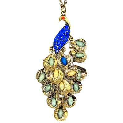 Rhylane – Lange Ketting Met Pauw Hanger– Strass Stenen Donkerblauw – L 70 cm – Hanger  x  cm