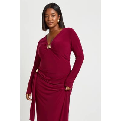 boohoo Dames Plus Top Met Lange Mouwen En Gerimpeld Buste Detail Met Afwerking | Wijn | Maat: 44