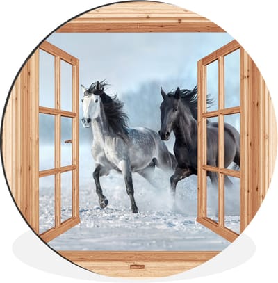 WallCircle - Wandcirkel - Muurcirkel - Doorkijk - Paarden - Winter - Dieren - Natuur - Hout - Aluminium - Dibond - 60x60 cm - Binnen en Buiten