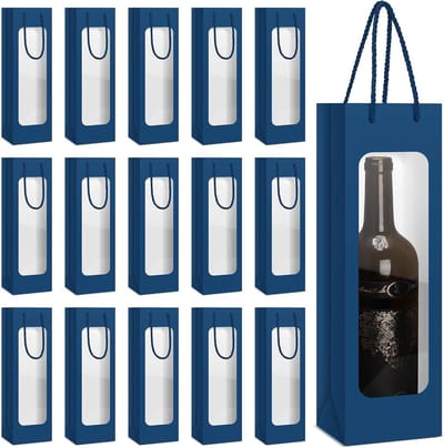 Wijn geschenkzakjes - Fles draagtas - Cadeau geven - Met doorzichtig venster - 24 stuks - Zakelijk blauw