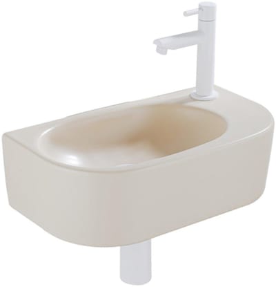QeramiQ Fuente Fonteinset - 40x21.5x12cm - rechts - glad - halfrond - 1 kraangat - keramiek - fonteinkraan wit mat - afvoerplug - verlaagd sifon - beige