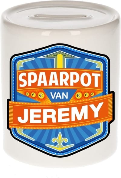 Bellatio Decorations Kinder spaarpot met naam - Jeremy - keramiek - met dop - wit - Sparen - Spaargeld van Jeremy
