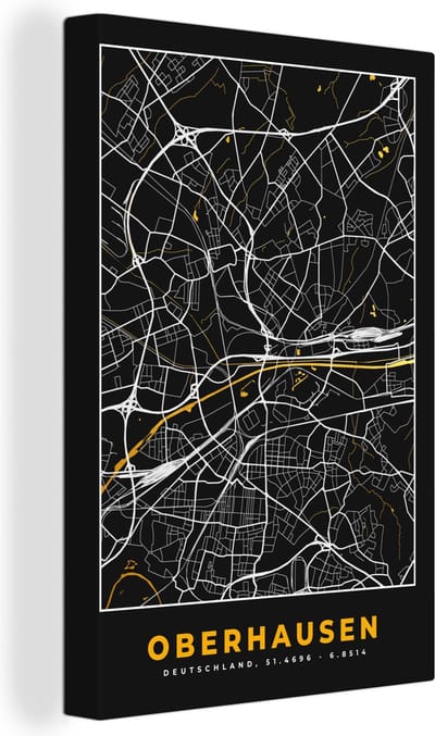 Canvas Schilderij Black and Gold – Stadskaart – Oberhausen – Duitsland – Plattegrond – Kaart - 20x30 cm - Wanddecoratie