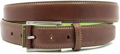 Heren riem bruin - Leren jeans riem 3,5cm limegroen stiksel - Leer - Jeans riem - Verstelbaar - Maat 90