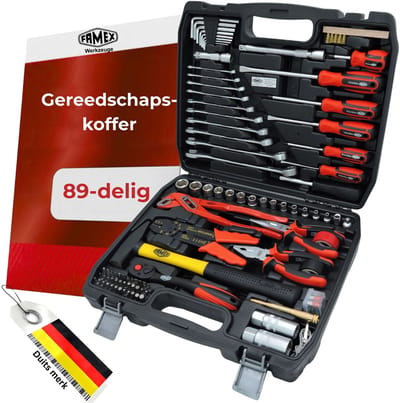 FAMEX 144-47 Compacte gereedschapskoffer, gevuld met gereedschapsset, alle schroefgereedschappen van chroom-vanadium, complete gereedschapskist