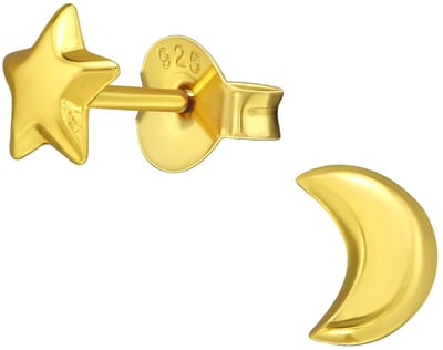 Joy|S - Zilveren ster maan oorbellen - 5 x 6 mm - gold plated