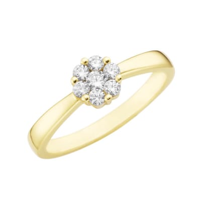 Damesring / aanzoekring / verlovingsring“ Bloem / Rozet ” 925/- zilver 18 karaats geelgoud verguld 7 briljant geslepen zirkonia’s Ø mt 56 = 18