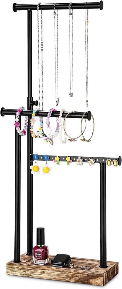 Houten en Metalen Sieradenstand met 3 Draaibare Stangen, Sieradenboom, Opslagoplossing voor Kettingen, Oorbellen, Ringen, Horloges en Armbanden, Perfect Cadeau voor Vrouwen