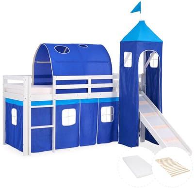 Homestyle4u Hoogslaper - 90x200 cm - met matras - toren - tunnel - glijbaan en met blauwe gordijnen