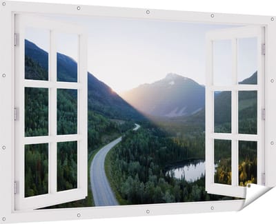 Gards Tuinposter Doorkijk Weg Door het Bergen Landschap - 180x120 cm - Tuindoek - Tuindecoratie - Wanddecoratie buiten - Tuinschilderij