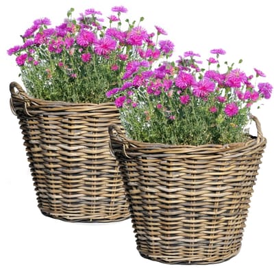 Mega Collections Plantenmand - 2x - bloemenmand - D42 x H31 cm - rond - rotan gevlochten - rieten mand