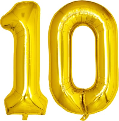 Folie Ballon Cijfer 10 Jaar Goud Verjaardag Versiering Helium Cijfer Ballonnen Feest versiering Met Rietje - 86Cm