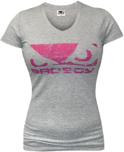 Bad Boy Logo Dames T-shirt met V-hals Grijs Roze - Kids - 14 Jaar