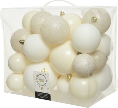 Decoris Kerstballen - 26x st - wol wit - 6-8-10 cm - kunststof - kerstversiering