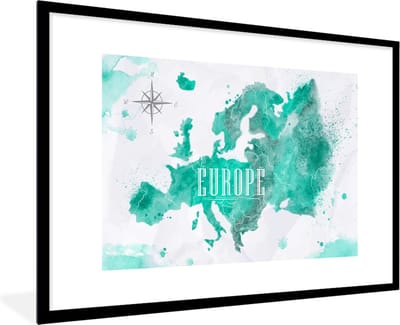 Poster in lijst - Fotolijst 90x60 cm - Posters - Waterverf - Wereldkaart - Europa - Posterlijst zwart - Decoratie - Wanddecoratie woonkamer - Muurdecoratie slaapkamer