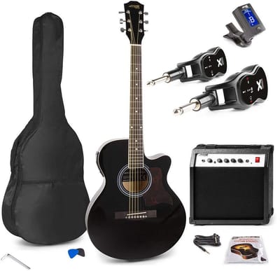 MAX Showkit draadloze elektrische akoestische gitaarset 4/4 - Met zender, ontvanger en toebehoren - Zwart