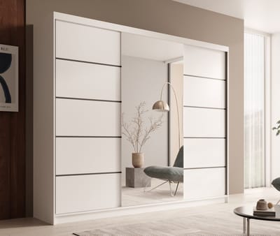 Schuifdeurkast Tivora 250 cm met spiegel – kledingkast met 3 schuifdeuren, 11 legplanken en kledingroede – Wit – 250x215x58 cm