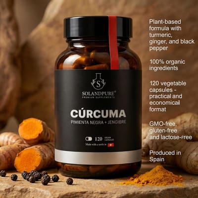 Cúrcuma Solandpure® con Jengibre y Pimienta Negra – 120 Cápsulas Vegetales | Fórmula Ecológica y Natural para Uso Diario