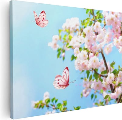Artaza Canvas Schilderij Bloesem Met Vlinders - 40x30 cm - Klein - Wanddecoratie Woonkamer - Muurdecoratie Bloemen - Kamer Accessoires
