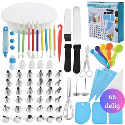 Janse® Taart decoratie set 66 delig - Cake set - Bakken - Bakspullen - Taart accessoires - Bakset - Spuitmondjes - Spuitzakken - Cupcakes - Taarten - Taartstandaard - Taartplateau - Decoratie set - Cake decoreren