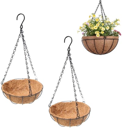 2 stuks bloemenhangers, kokos, bloemenhanger, buiten, metalen bloempot, hangende plantenmand, met kokosinleg, voor binnen en buiten, tuindecoratie (21 cm)