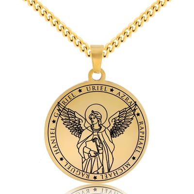 Beschermengel Uriël Ketting Goudkleurig - Aartsengel Talisman / Medalion - Stainless Steel Engelen Hanger - 60cm