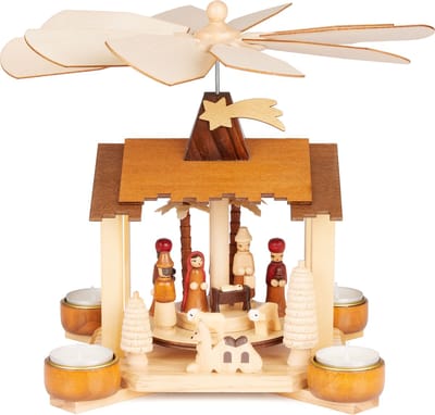 BRUBAKER Kerstpiramide van hout - kerststal met Jezus, Maria, Jozef en ster van Bethlehem - houten piramide 28 cm voor Kerstmis - tafelpiramide voor 4 theelichtjes - handbeschilderd