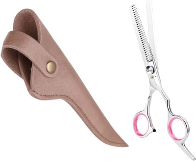 Professor Q Professionele Effileerschaar – Uitdunschaar voor Hondenvacht – RVS – Roze + Luxe Lederen Etui – 16,5 cm – Brons