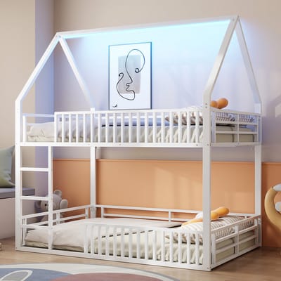 Huisstapelbed 140 X 200 cm, Met Veiligheidshek, Led-Lichtstrip, Stabiel Metalen Frame, Ruimtebesparend, Modern Design, Voor Kinderen En Tieners, Slaapkamer Stapelbed, Zonder Matras, Wit