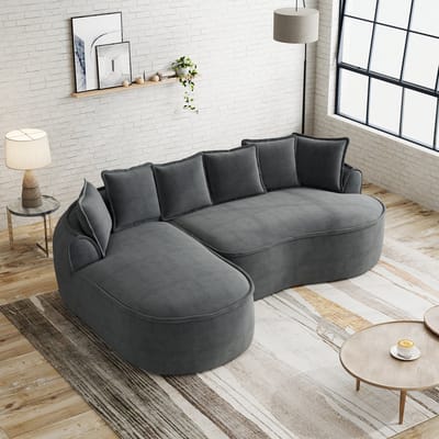 Frameloze Modulaire Hoekbank, L-Bank, 3-Zitsbank, Chenille stof, Cloud Bank van Schuim, L-vormig met Extra diepe Zitting en Brede Armleuningen, Inclusief Chaise Longue en Kussens, Geen Montage Nodig-Grijs