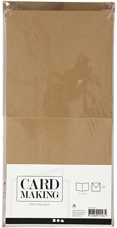 Kaarten en enveloppen, afmeting kaart 15x15 cm, afmeting envelop 16x16 cm, 120+240 gr, naturel, 50 set
