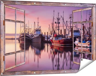 Gards Tuinposter Doorkijk Schepen in de Haven - Boten - 120x80 cm - Tuindoek - Tuindecoratie - Wanddecoratie buiten - Tuinschilderij