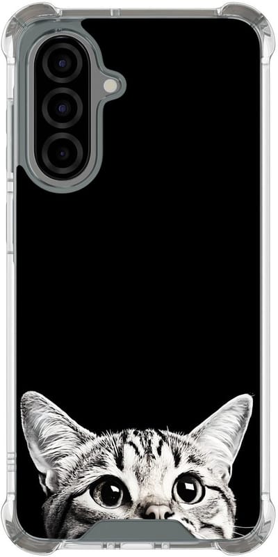 Shockproof hoesje geschikt voor Samsung Galaxy A56 - Kat kiekeboe - Schokbestendig - Verhoogde randen - TPU case - Extra Sterke Back Cover - Print - Transparant, Zwart