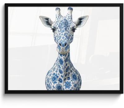 Poster in lijst - Fotolijst 70x50 cm - Posters - Giraffe - Delfts blauw - Dieren - Minimalistisch - Posterlijst zwart - Decoratie - Wanddecoratie woonkamer - Muurdecoratie slaapkamer