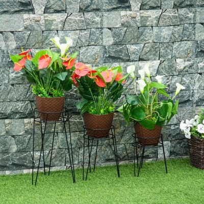 MODFU Plantenstandaard Set Van 3 - Draadpoten - Stalen Frame - Zwart - 21 X 20 X 23,5 Cm / 22 X 21 X 30 Cm / 26 X 23 X 42 Cm