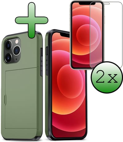 Hoes Geschikt voor iPhone 11 Pro Hoesje Hard Case Met Pas Houder Met 2x Screenprotector - Hoesje Geschikt voor iPhone 11 Pro Hoes Shockproof Hard Cover Met Kaarthouder - Donkergroen