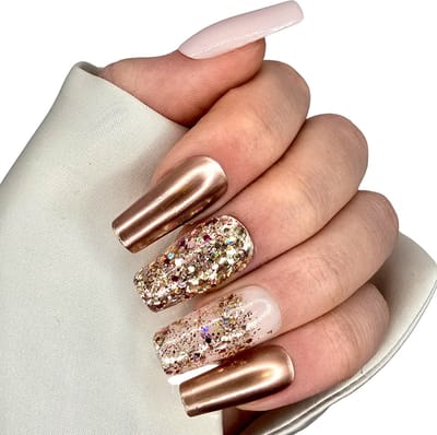Press on Nails - Rose Gold Glitter - Plaknagels Feestdagen - Long Square Nageltips - SD Press on Nails - Nagelset No. 78 Copper Magic