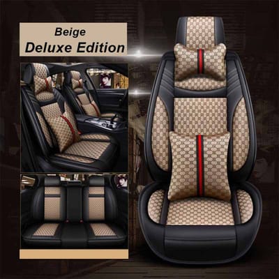 Coussin de siège de voiture universel en cuir artificiel Housse de siège de voiture antidérapante, Compatible avec les airbags, Convient à la plupart des voitures 5 places, SUV Pick-up beige