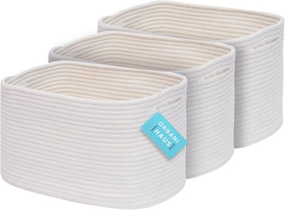 Kleine witte katoenen touwmanden 3-pack voor opberging in huis en badkamer