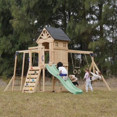 AXI Duncan Speeltoestel met Schommels, Klimrekken en Monkey Bars – Met Picknickbank - Pastel Groene Glijbaan - FSC 100% – Speeltoren voor de tuin / buiten
