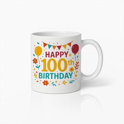 Gelukkige 100e Verjaardag Mok 330ml – Kleurrijk Ballonnen- en Confetti Ontwerp Koffiebeker – Speciaal Cadeau voor 100 Jaar Jubileum