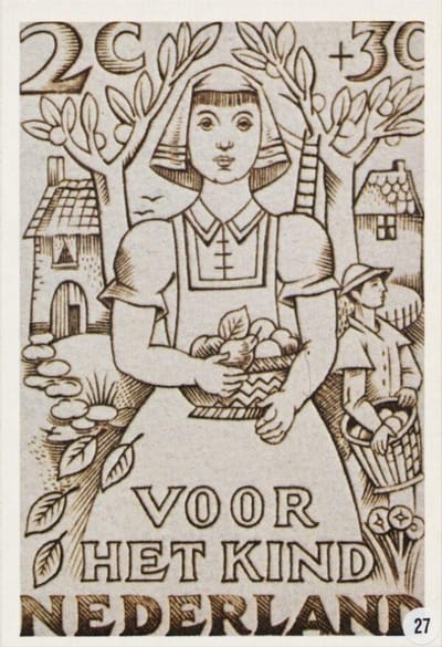Briefkaart met afbeelding zinnebeeldige voorstelling van een meisje in de herfst postzegel