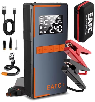 EAFC 12V Jumpstarter met Compressor voor Auto - 1200A / 12.000 mAh Powerbank - Startkabels - Jumpstarters - USB-C Snellader - LED Zaklamp - SOS Noodlicht - Noodpakket - Alle Voertuigen - Inclusief Opberghoes